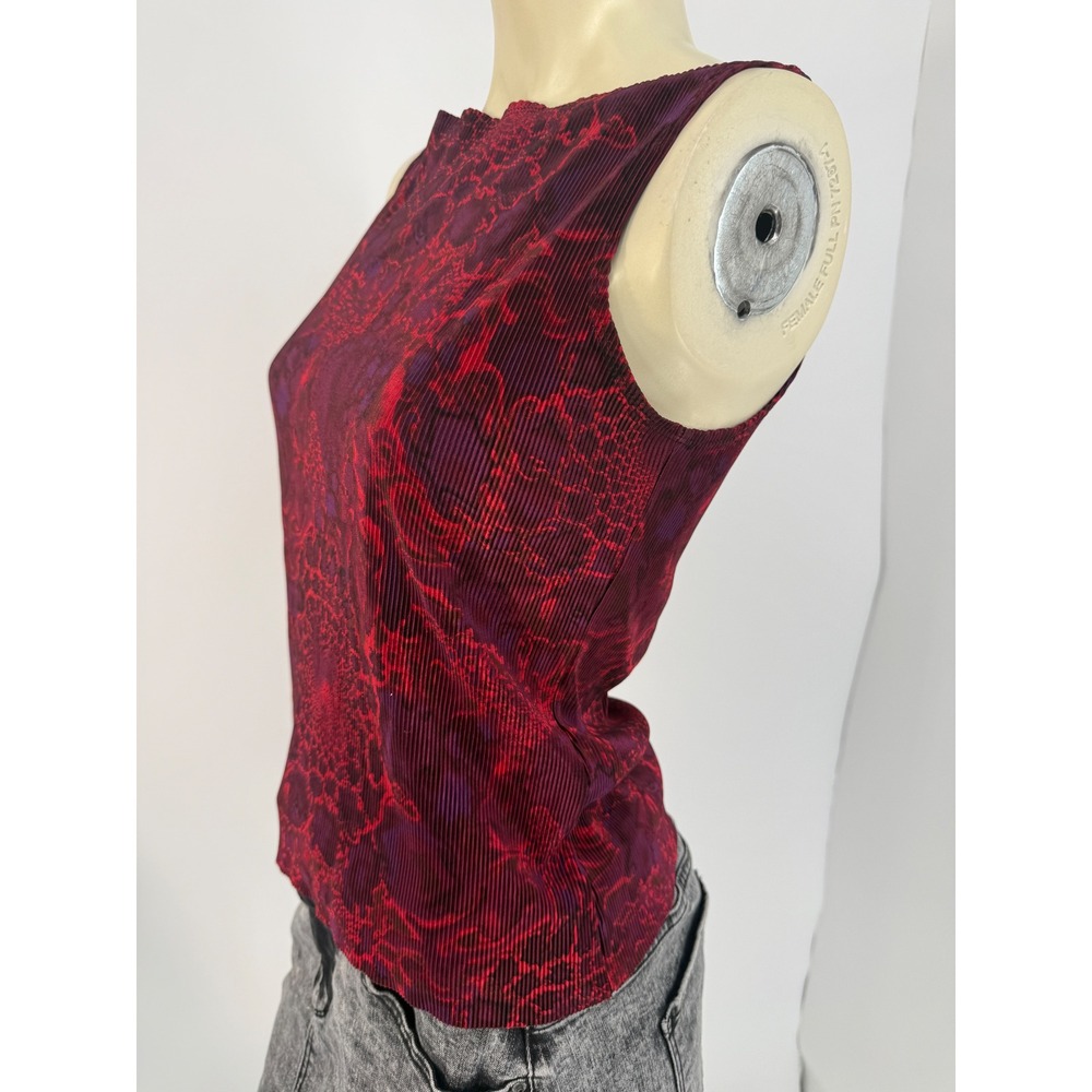 Vintage 90s Evolution Not Revolution Pleated Mesh Tank Top Red Black Abstract M